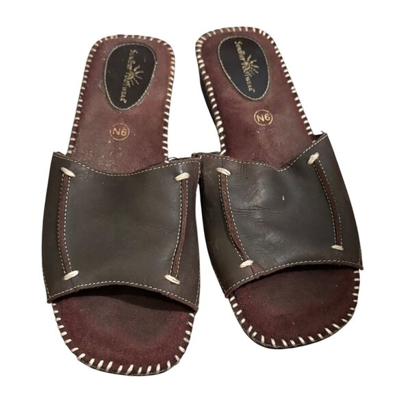 SunBay Brown Leather Footwear Slide Sandals Size 9N Stitched Detail Open Toe - Picture 2 of 7
